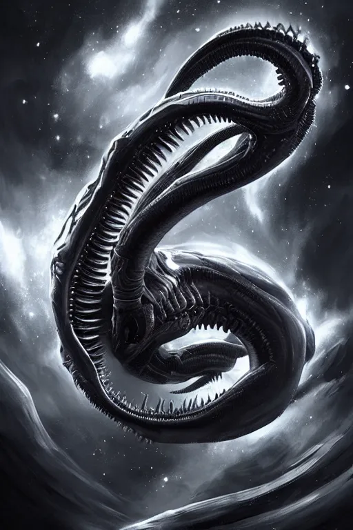 Image similar to black and white, deep space, nebula, giant xenomorph alien mixed with sharks extra teeth, tentacles, highly detailed, digital painting, artstation, concept art, smooth, sharp focus, illustration, unreal engine 5, 8 k, art by carlos huante and greg rutkowski and alphonse mucha and ifbb pro fitness photograph