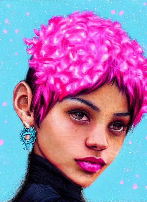 Image similar to portrait of teenage vanessa morgan with bright pink hair, black girl, curly pixie cut hair, wearing newsboy cap, pink short haircut, newsboy cap, hoop earrings, blue eyes, intricate, elegant, glowing lights, highly detailed, digital painting, artstation, concept art, smooth, sharp focus, illustration, art by wlop, mars ravelo and greg rutkowski