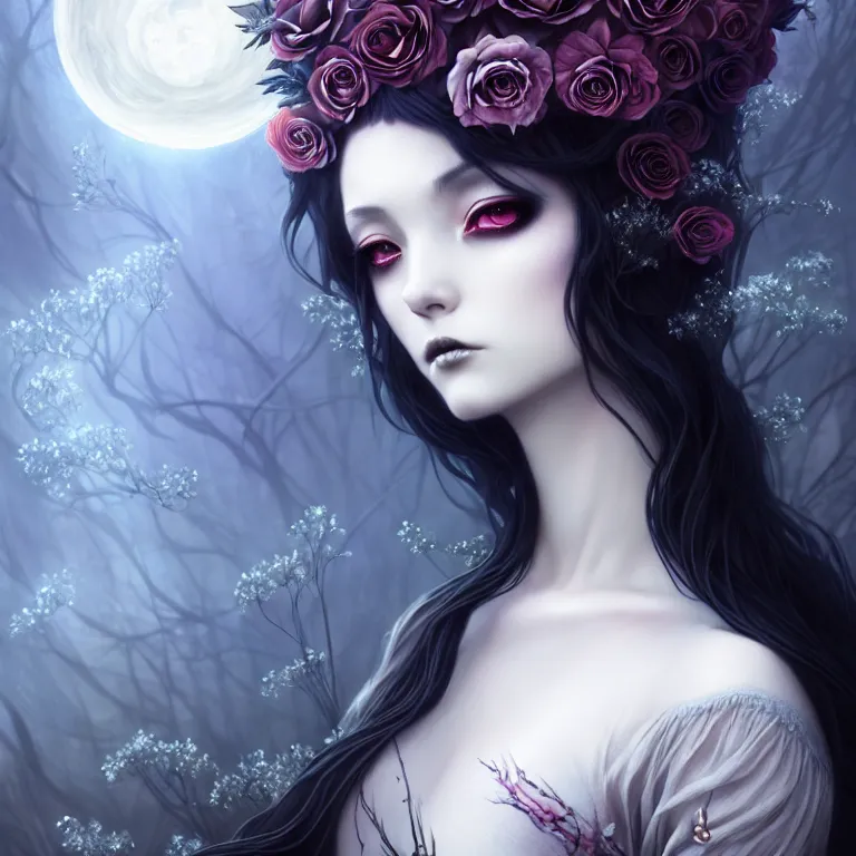 Image similar to stunning anime goddess hybrid of the floral river flowers, beautiful gothic dress in a dark romance, misty, by cgsociety, in the style of charlie bowater, tom bagshaw, intricate, beautiful, artstation 8 k, high resolutionsparkling atom fractals of jewls cords, by alex grey and hr giger