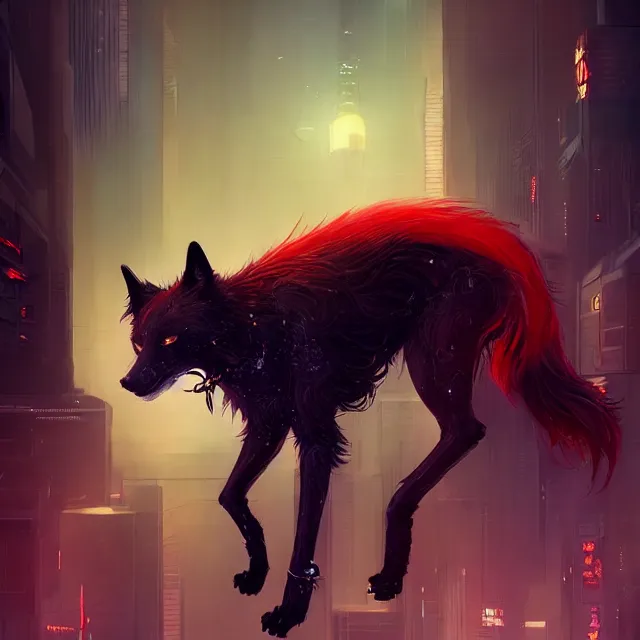 Image similar to a beautiful portrait of a handsome anthropomorphic humanoid black wolf fursona with long red hair in cyberpunk city. character design by cory loftis fenghua zhong ryohei hase isma