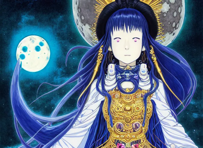 Prompt: full body portrait of the moon priestess, yuya nagai, yuzo takada, enchanted, dark, moon, magic, digital, concept art, Kyoto animation,last exile, blue submarine no. 6, katsura masakazu,tsutomu nihei, gustav klimt,loish, murata range, kawaii, studio lighting, manga, bright colors, anime,beautiful, 35mm lens,noir, vibrant high contrast, gradation, jean giraud, moebius, fantasy, rule of thirds, fibonacci, intricate, cel shaded, flat, matte print, smooth, makoto shinkai, digital