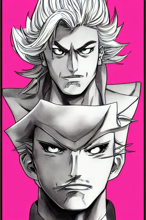 Image similar to jojo's bizzare adventure manga character portrait, boy with blue eyes and long blonde hair, symmetrical face happy, mustache, stubble, steel ball run, handsome face, jojo's bizzare adventure, illustrated by hirohiko araki, illustration