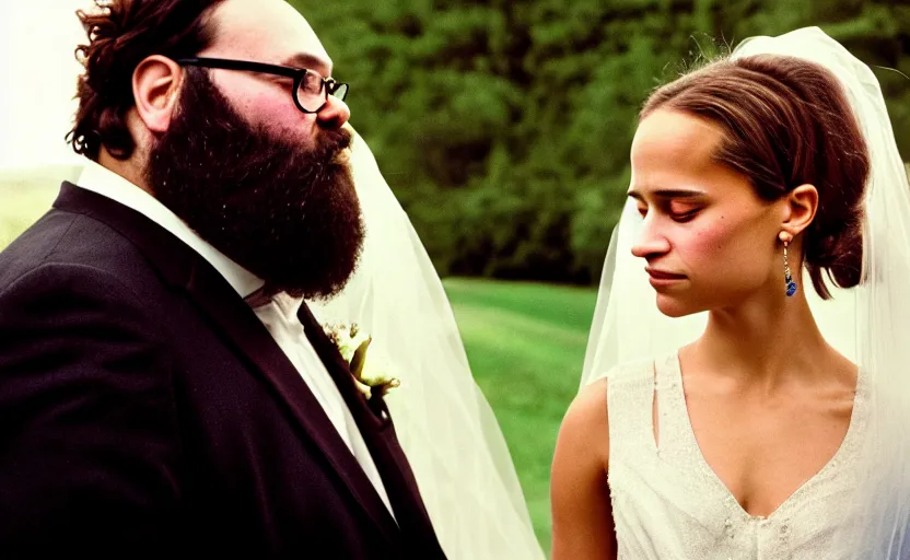 Prompt: movie still close-up portrait of skinny happy Alicia Vikander in a wedding dress embracing a groom who is a morbidly obese and bearded nerd, by David Bailey, Cinestill 800t 50mm eastmancolor, heavy grainy picture, very detailed, high quality, 4k, HD criterion, precise texture and facial expression
