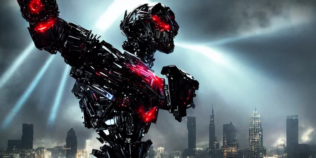 Image similar to “A Decepticon with the Head of Michael Jackson with glowing red eyes, cinematic Michael Bay movie, god rays, explosions, ultra realistic, 4K ultra HD”