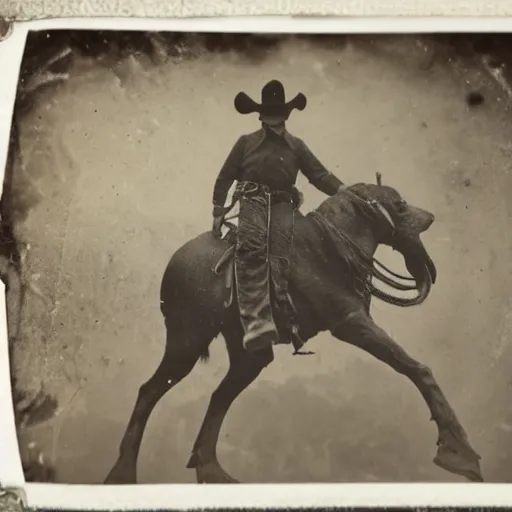 Image similar to tintype photo, bottom of the ocean, cowboy riding squid