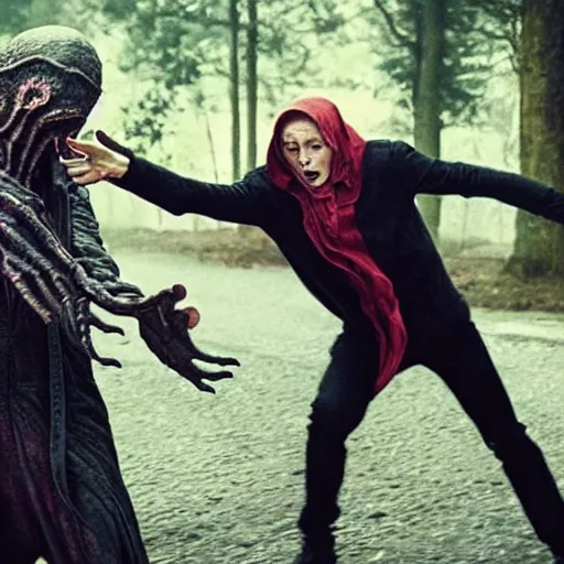 Prompt: a mind flayer chasing a teen in a horror TV series