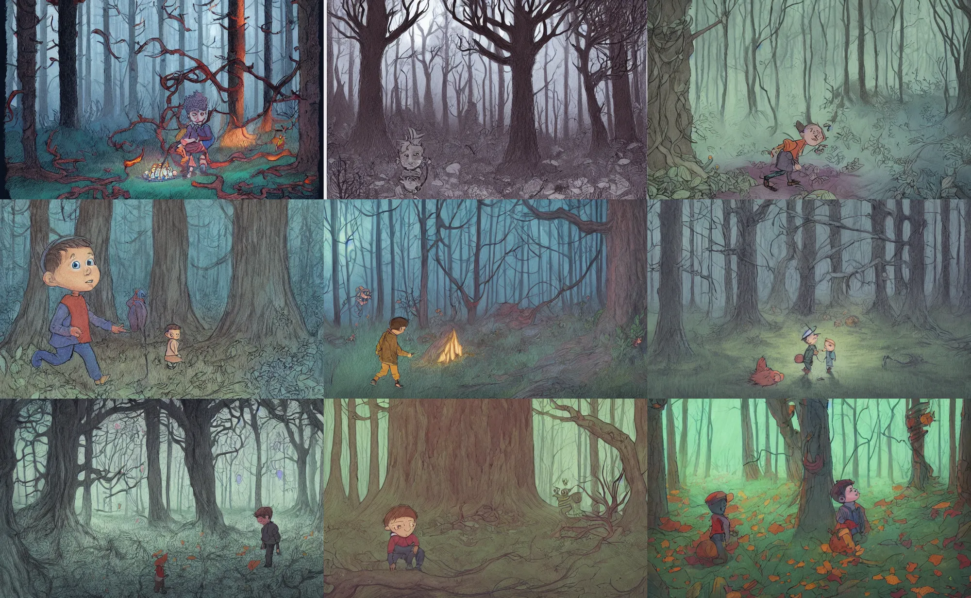 Prompt: children book illustration of boy in haunted forest, by beatrice blue, by julia sarda, by loish, by szymon biernacki. guache, crayons, pastels. dark. low saturation. artstation. behance. intricate. detailed, flat, textured, orthoview.