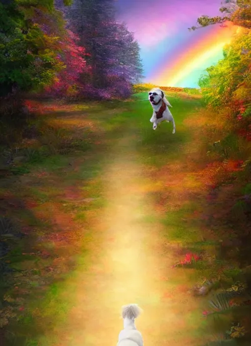 Image similar to a singular beautiful smiling dog running happily towards its owner, ethereal heavenly rainbow bridge in the background behind the dog, tall golden heavenly gates, amazing, stunning artwork, featured on artstation, cgosciety, behance