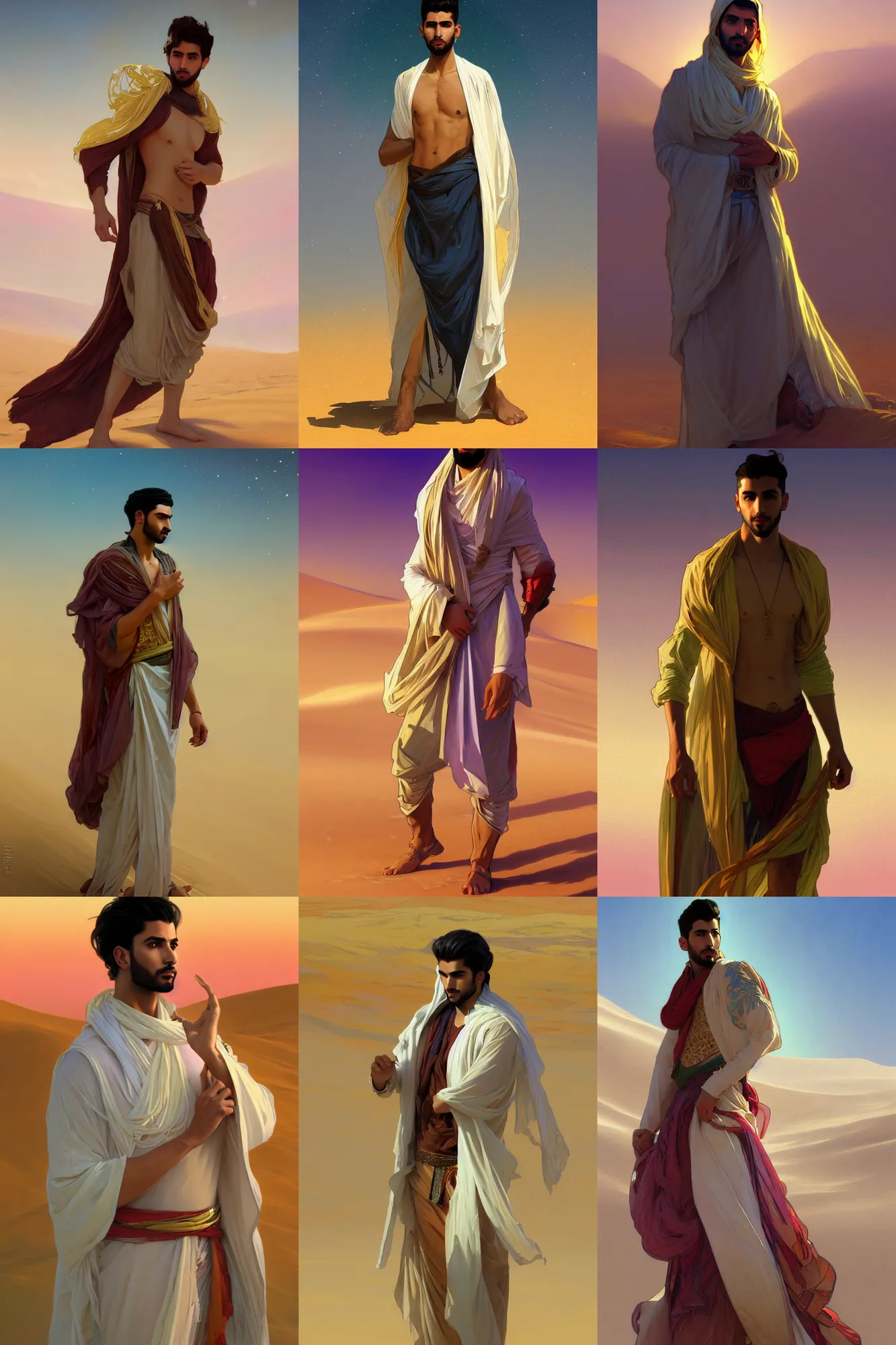 Prompt: full figure beautiful young fit arabic man, dressed with multicolored fluent clothes, luminous scene, by greg rutkowski and alphonse mucha, d & d character, gradient white to gold, in front of a dune desert background, highly detailed portrait, digital painting, artstation, concept art, smooth, sharp focus illustration, artstation hq