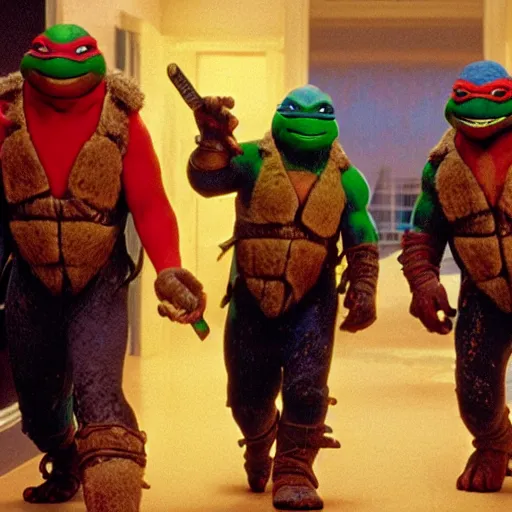 Image similar to movie still of ninja turtles in The Shining