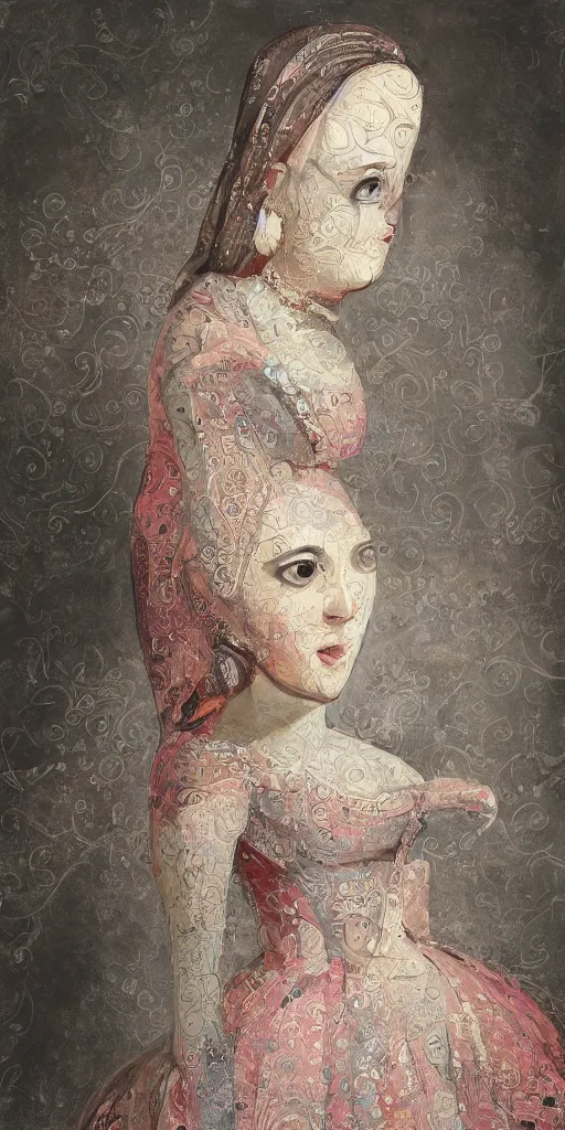 Image similar to “a painting of a female figure adorned with a dress created by calligraphic flourishes, ambient occlusion, ultra detailed, soft facial features, geometric array of shapes fading into the background, shallow depth of field, bokeh, subtle shadows, monochromatic color scheme, pops of color, pastel tones, hd”