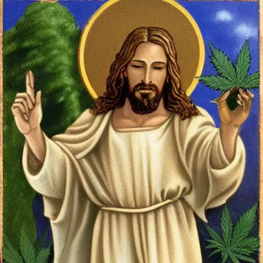 Prompt: Jesus holding a cannabis leaf