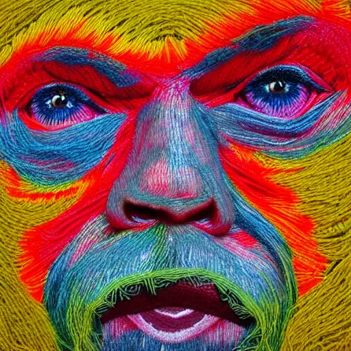 Prompt: portrait, hyper realistic, face made out of multi-coloured yarn, expression