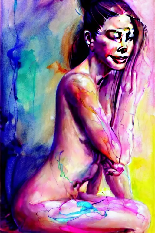 Prompt: sexy seductive little smile sophia vergara by agnes cecile enki bilal moebius, intricated details, sit face camera with legs spread out, hair styled in a bun, bend over posture, full body portrait, extremely luminous bright design, pastel colours, drips, autumn lights