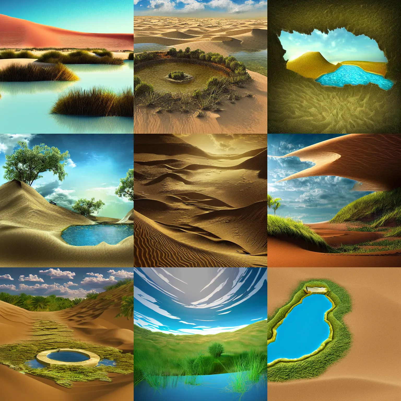 Prompt: a broken landscape with floating oasis above a dune desert. Digital art, detailed, trending