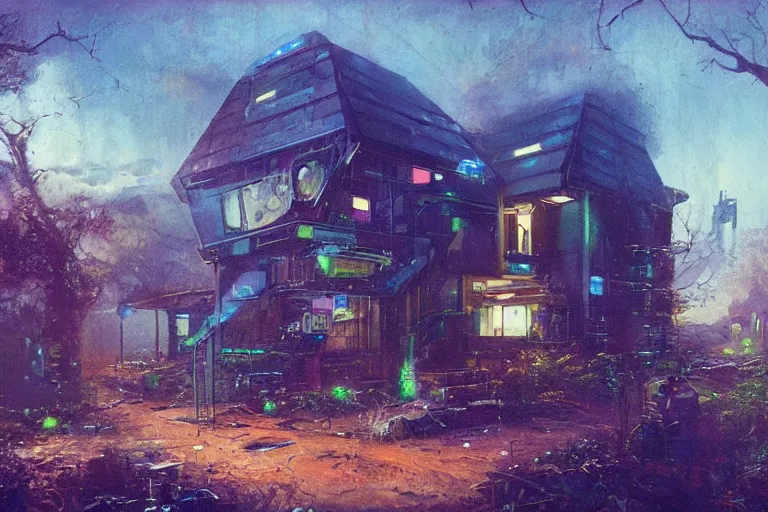 Image similar to cyberpunk, an estate agent listing photo, external view of a 5 bedroom detached countryside house in the UK, by Paul Lehr