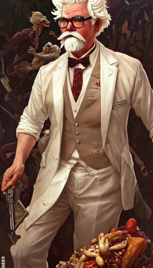 Image similar to a full body portrait of colonel sanders the greek god!! surrounded by evil starving hillbillies!!! extremely beautiful, anatomically accurate, by artgerm and by greg rutkowski and by alphonse mucha and by simon bisley, radiant light, detailed and intricate environment,