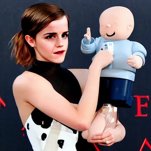 Prompt: Emma Watson holding a tiny Walter white