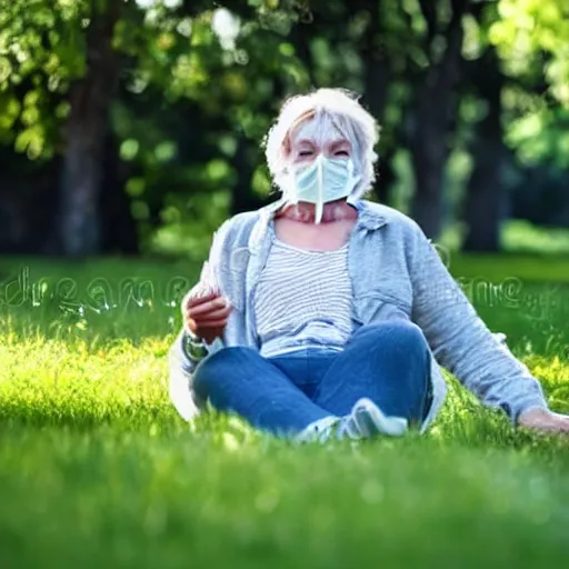 Image similar to an older woman sitting in a park wearing a thin translucent oxygen line under her nose, 4 k, stock photo