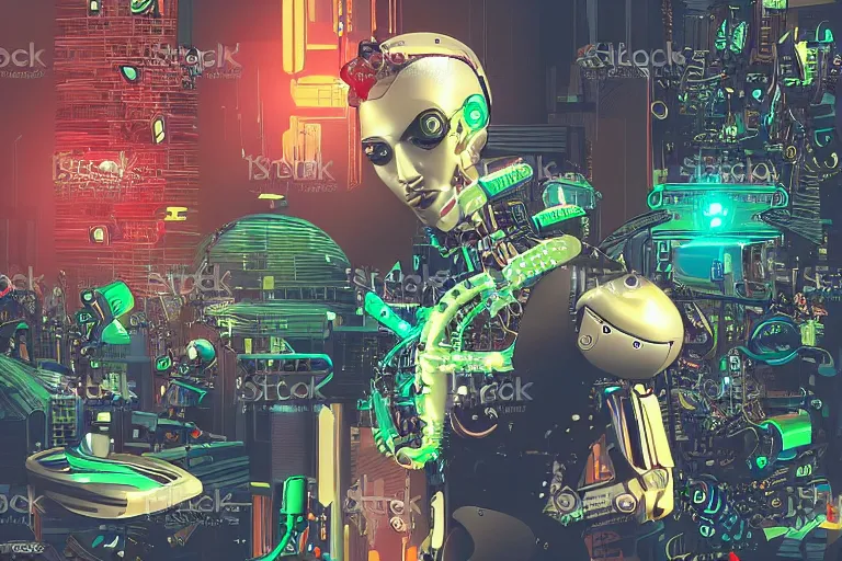 Image similar to A beautiful vector art of a futuristic cyborg made of used robot parts with a cyberpunk background | colorful | dark wave | HD