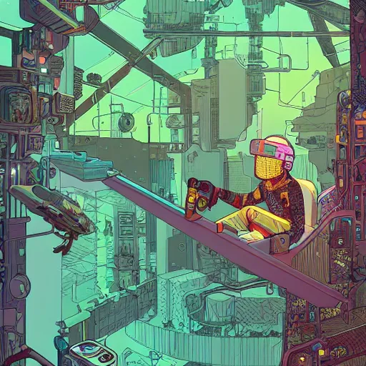 Image similar to Stunningly intricate illustration of an explorer playing video games in his treehouse, wearing cyberpunk headpiece, highly detailed, midnight, by Josan Gonzalez and James Gilleard , Moebius, Laurie Greasley