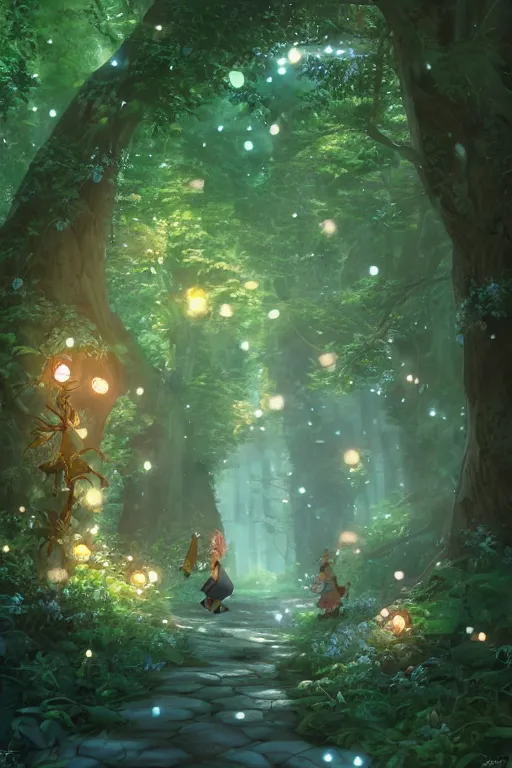 Image similar to forest path, fairy, beautiful ancient trees, hiding large treasure chest, glowing fireflies, serene evening atmosphere, soft lens, soft light, cel - shading, animation, in the style of cgsociety, deviantart, artstation, zbrush, cinema 4 d, studio ghibli, akihiko yoshida, atelier lulua, masamune shirow