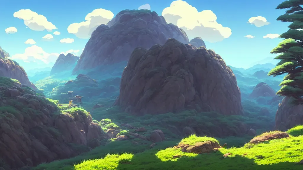 Image similar to mountainside landscape, studio ghibli, pixar and disney animation, sharp, rendered in unreal engine 5, highly detailed, digital painting, artstation, concept art, smooth, sharp focus, illustration, wide angle, artbook, wallpaper, splash art, promo art, dramatic lighting, art by artgerm and greg rutkowski and bo chen and jin xiaodi