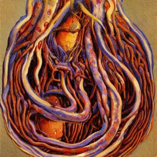 Image similar to by arthur streeton terrifying. a photograph of the human intestine in all its glory. each section of the intestine is labelled, & various items & creatures can be seen inside, such as bacteria, food particles, & even a little mouse.