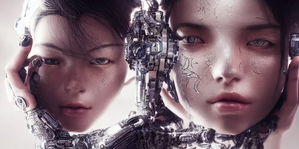Prompt: hyper realistic photography, beautiful cyborg female, intimate holding close, in the style jin kagetsu, wlop, highly detailed, intricate filigree, symmetry, masterpiece, concept art, highkey lighting, ambient lighting, octane render, 8 k, artstation