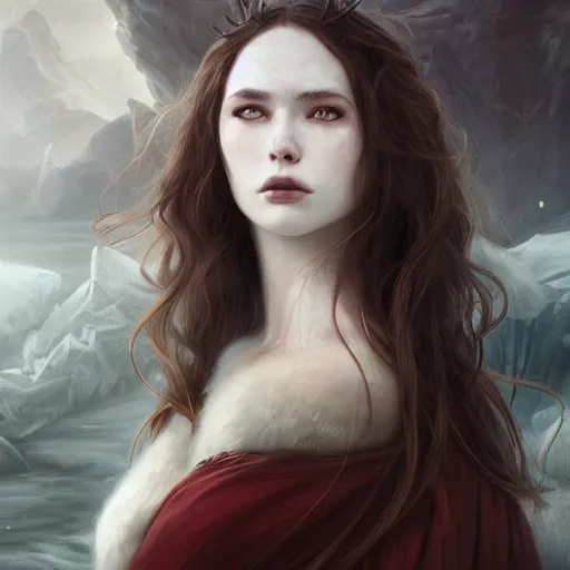 Image similar to a portrait of a ice queen with long dark curly hair and red eyes, stoic, pale skin, alone dramatic, epic painting, painted by artgerm and wlop, cgsociety, beautiful, artbreeder, artstation, octane render, sharpness, 8 k, golden ratio