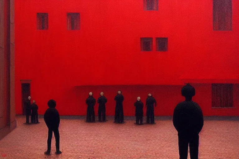 Image similar to only with red, crowd delirious at the sight of a painting, in a city square, in the style of beksinski, parts by edward hopper, parts by rodcenko, parts by yue minjun, intricate and epic composition, red by caravaggio, insanely quality, highly detailed, masterpiece, red light, artstation, 4 k