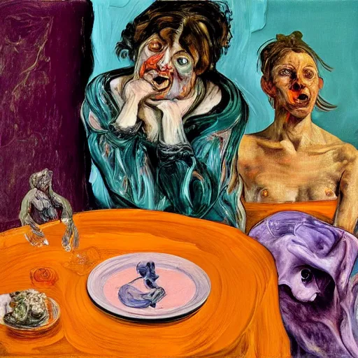 Image similar to high quality high detail expressionist painting of a woman eating in agony by lucian freud and jenny saville and francis bacon and francisco goya and edvard munch, hd, anxiety, seated at table crying and screaming, turquoise and purple and orange and pink