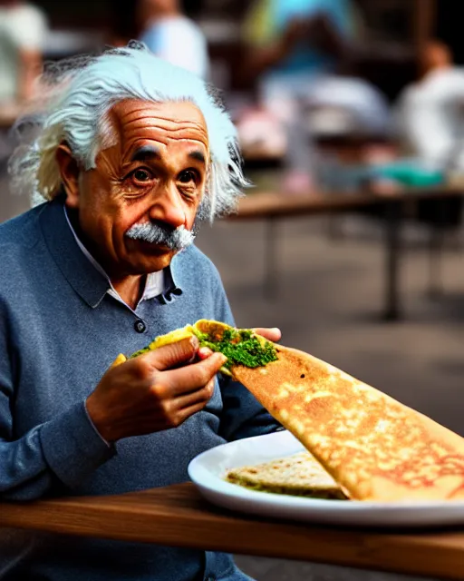 Image similar to A photo of Albert Einstein eating masala dosa, highly detailed, trending on artstation, bokeh, 90mm, f/1.4