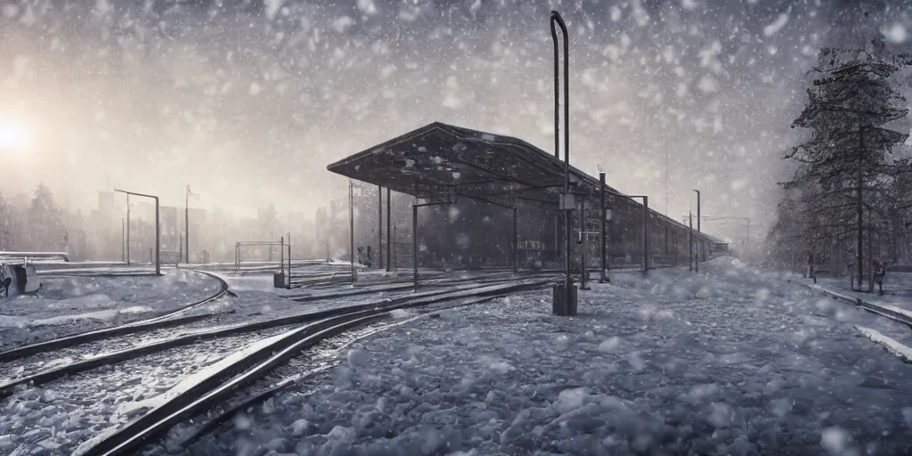 Image similar to hyper realistic render of soviet era 1 9 5 0's brutalism train station, located in the snow, puddles of water, by kait kybar, ivan shishkin, sunset, foggy, stunning skies, volumetric lighting, sharp focus, hyper detailed, digital art, cryengine