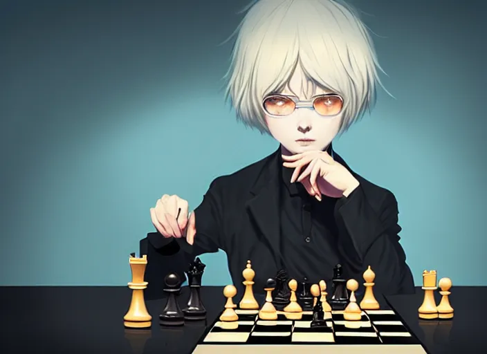 Prompt: a pale ilya kuvshinov playing chess, with golden eyes, straight sky blue hair, long bangs, black jacket, high collar, concept art, award winning photography, digital painting, cinematic, by wlop, anime key visual, wlop, 8 k, by ross tran, tom bagshaw, andy warhol