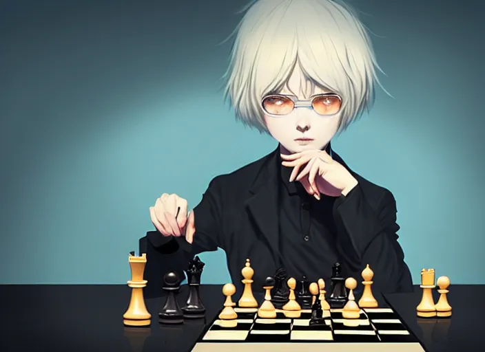 Image similar to a pale ilya kuvshinov playing chess, with golden eyes, straight sky blue hair, long bangs, black jacket, high collar, concept art, award winning photography, digital painting, cinematic, by wlop, anime key visual, wlop, 8 k, by ross tran, tom bagshaw, andy warhol