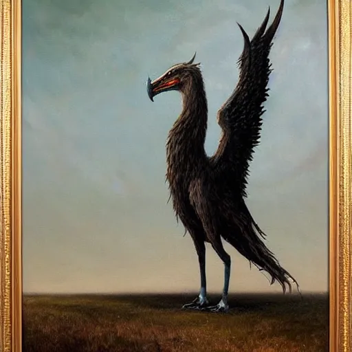 Prompt: an oil painting of a griffin by esao andrews. circa survive album cover art. dark. muted colors. gothic. oil painting with brush strokes. creepy.