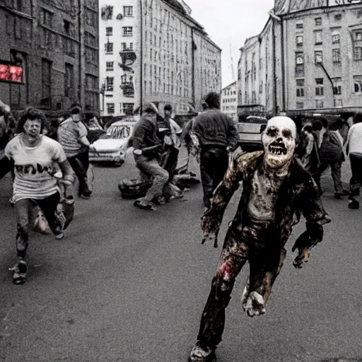 Image similar to zombie apocalypse on the streets of riga in 9 0 s, panic, horror, people running