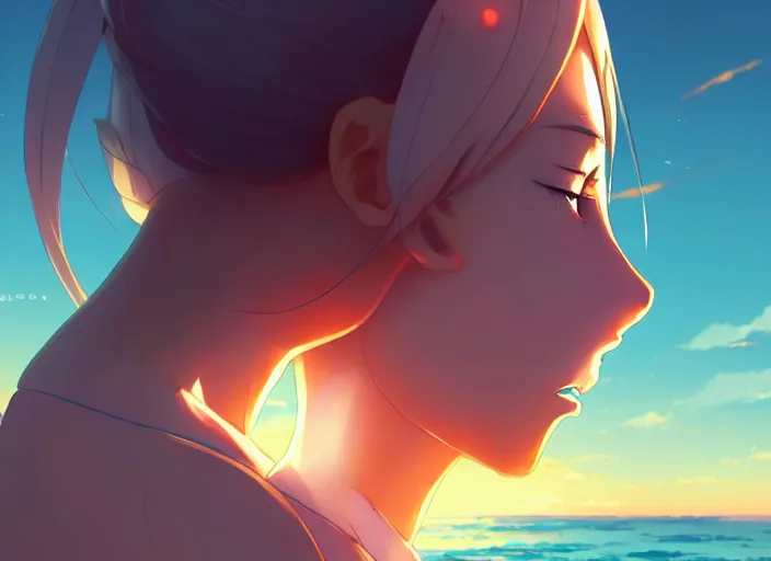 Prompt: side view of cute girl, sunset sky in background, beach landscape, illustration concept art anime key visual trending pixiv fanbox by wlop and greg rutkowski and makoto shinkai and studio ghibli and kyoto animation, futuristic aerodynamic wheelchair, symmetrical facial features, future clothing, backlit