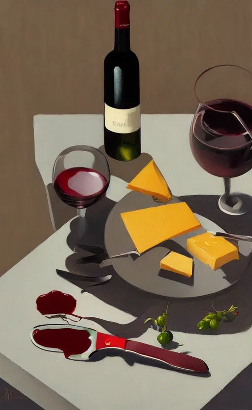 Image similar to beautiful still life featuring A knife tillamook cheese, and red wine, very coherent, painted by Edward Hopper, painted by James Gilleard, airbrush, art by JamesJean