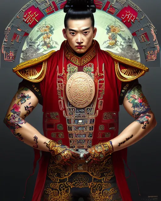 Image similar to portrait of a chinese masculine male cyberpunk machine, machine face, upper half portrait, decorated with chinese opera motifs, muscular, asian, fine china, wuxia, traditional chinese art intricate intense elegant 京 剧 highly detailed digital painting artstation concept art smooth sharp focus illustration, art by artgerm and greg rutkowski alphonse mucha 8 k