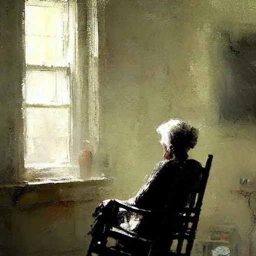 Image similar to lonely old woman sitting alone on rocking chair, painting by jeremy mann