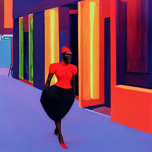 Image similar to a portrait painting of Grace Jones walking down a lit up street in the evening, in the style of Edward Hopper, 4k,