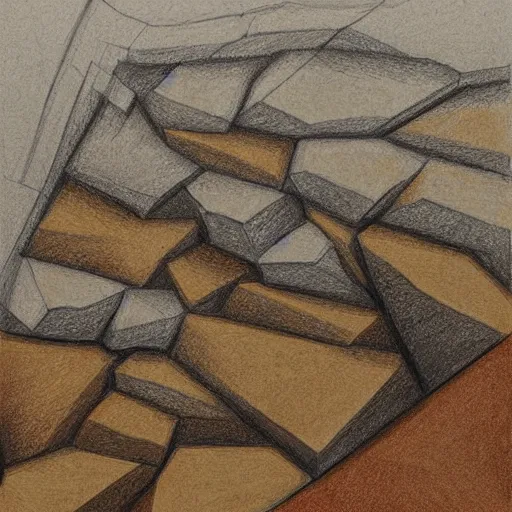 Image similar to masterpiece abstract intricate painting of detailed highly layered angled rocky field along a landscape surface of rectangular shapes. thin pencil rough sketch lines slanting down provide a sense of movement. quarter view angles. beautiful use of light to create a sense of a stony surface. using architectural techniques with an engineering quality and a rich earthy color palette, providing a mathematical feel.