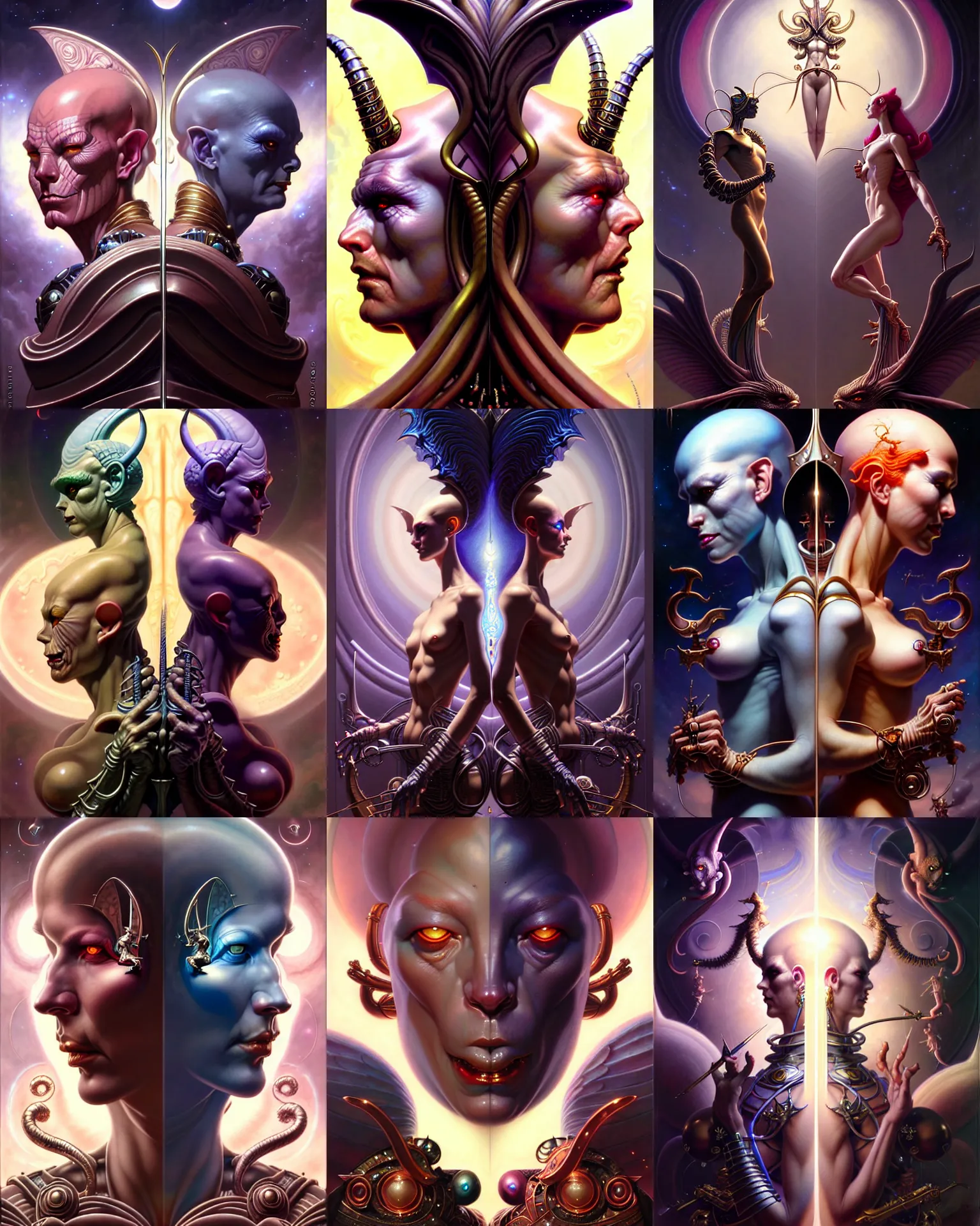 Image similar to beautiful gemini good and evil fantasy character portrait, ultra realistic, wide angle, intricate details, the fifth element artifacts, highly detailed by peter mohrbacher, hajime sorayama, wayne barlowe, boris vallejo, aaron horkey, gaston bussiere, craig mullins