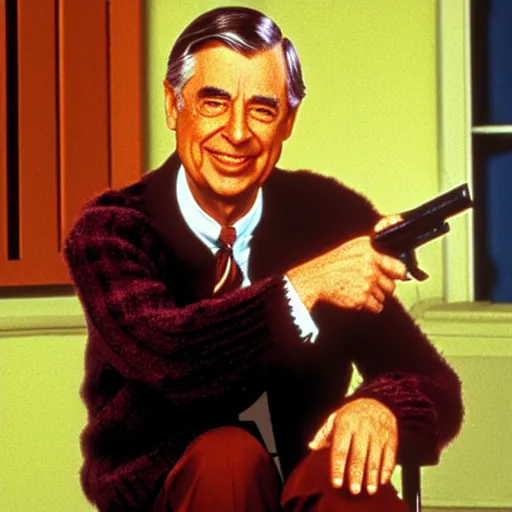 Image similar to Mr. Rogers holding a gun