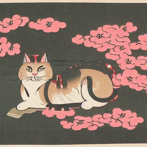 Prompt: vintage japanese illustration of a samurai cat and cherry tree blossom