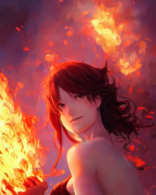 Image similar to the goddess of fire, spunk and intense beauty, full shot, atmospheric lighting, detailed face, one piece style, by makoto shinkai, stanley artgerm lau, wlop, rossdraws