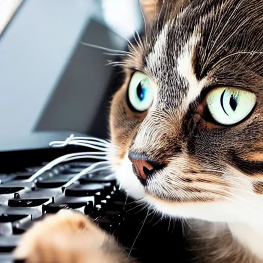 Prompt: a beautiful cat is playing computer