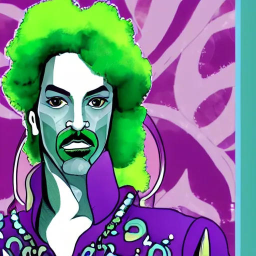 Image similar to an illustration of prince as the villain gemini. half his face is white with green hair.